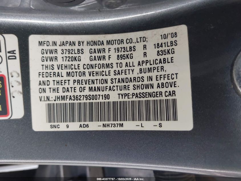 2009 Honda Civic Hybrid VIN: JHMFA36279S007190 Lot: 43377757
