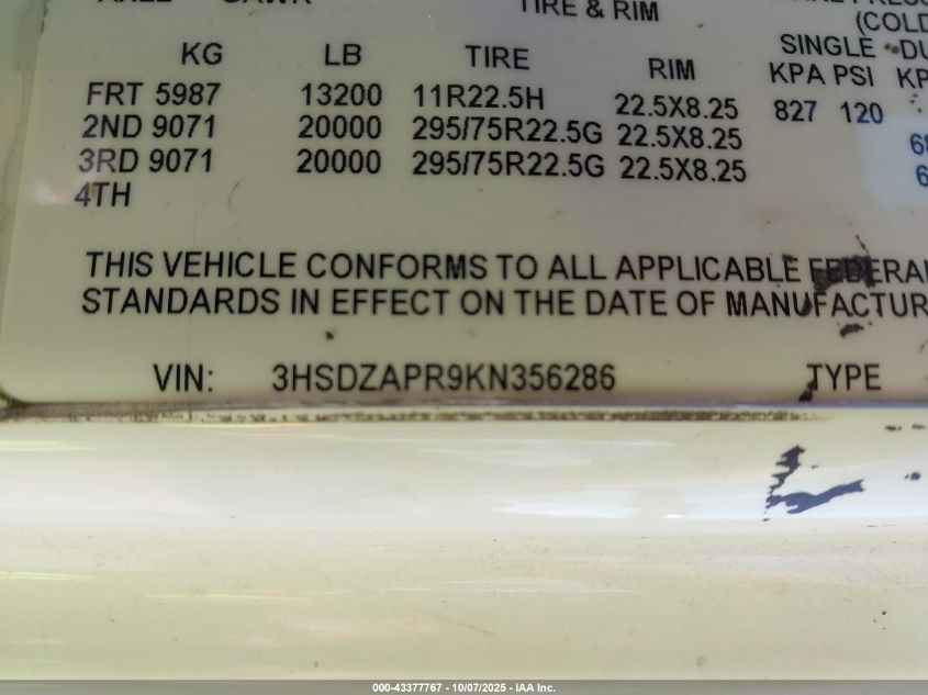 2019 International Lt VIN: 3HSDZAPR9KN356286 Lot: 43377767