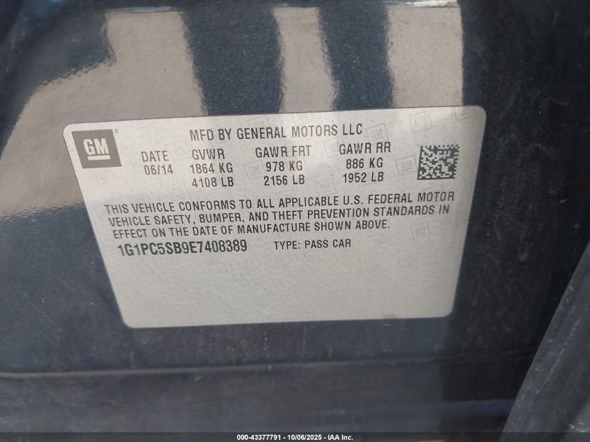 2014 Chevrolet Cruze 1Lt Auto VIN: 1G1PC5SB9E7408389 Lot: 43377791