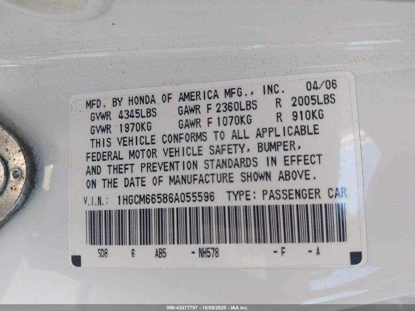 2006 Honda Accord Sdn Ex-L V6 VIN: 1HGCM66586A055596 Lot: 43377797