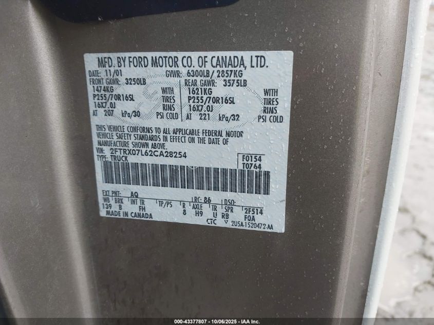 2002 Ford F-150 Lariat/Xl/Xlt VIN: 2FTRX07L62CA28254 Lot: 43377807