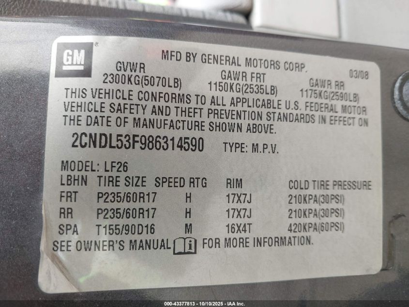 2008 Chevrolet Equinox Lt VIN: 2CNDL53F986314590 Lot: 43377813