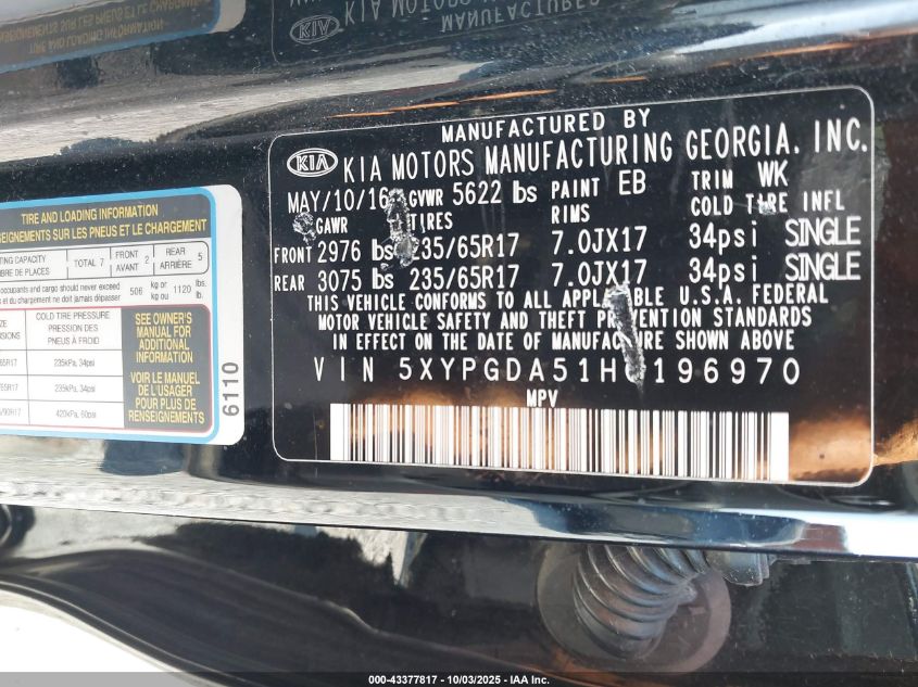 2017 Kia Sorento 3.3L Lx VIN: 5XYPGDA51HG196970 Lot: 43377817