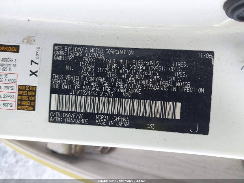 2006 Scion Xb VIN: JTLKT324464121573 Lot: 43377819