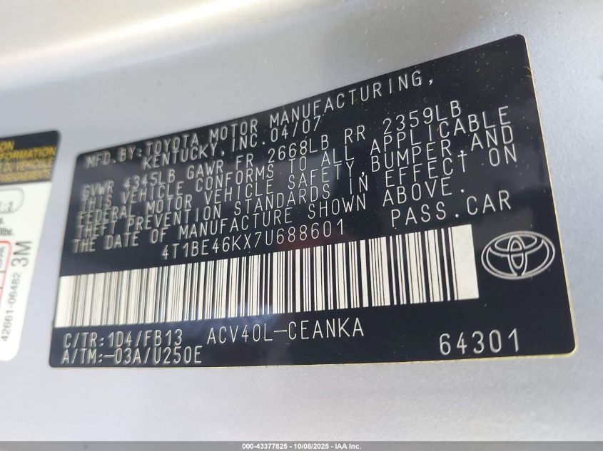 2007 Toyota Camry Le VIN: 4T1BE46KX7U688601 Lot: 43377825