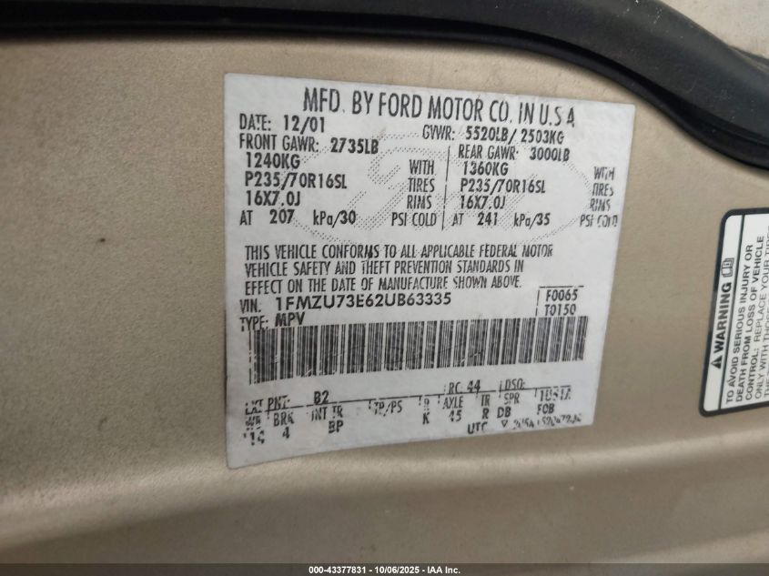 2002 Ford Explorer Xlt VIN: 1FMZU73E62UB63335 Lot: 43377831