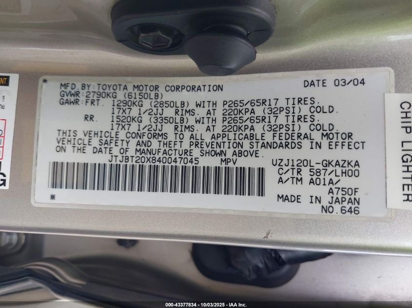 2004 Lexus Gx 470 VIN: JTJBT20X840047045 Lot: 43377834