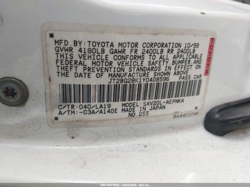 2000 Toyota Camry Le VIN: JT2BG28K1Y0408596 Lot: 43377838