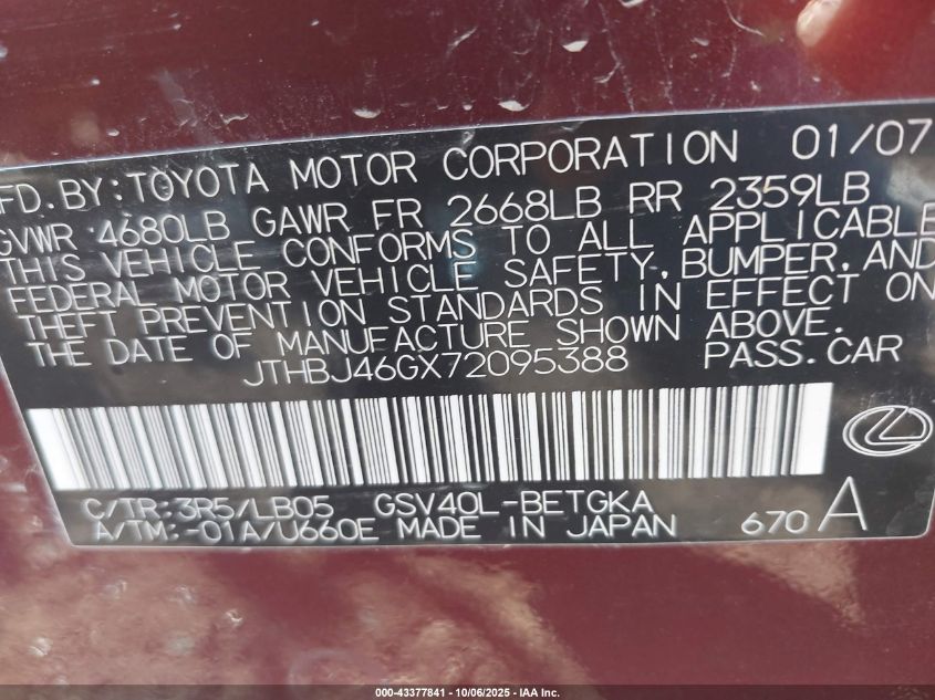 2007 Lexus Es 350 VIN: JTHBJ46GX72095388 Lot: 43377841