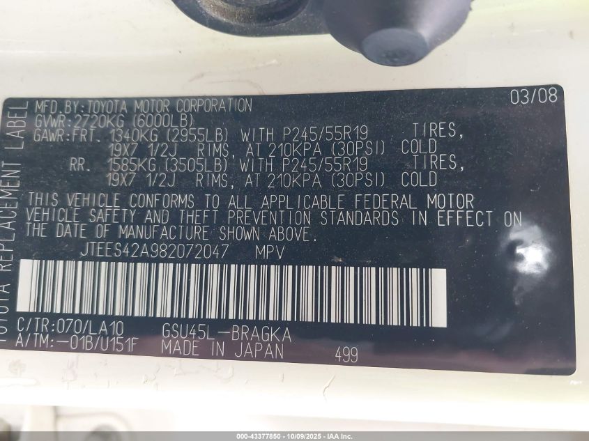 2008 Toyota Highlander Limited VIN: JTEES42A982072047 Lot: 43377850