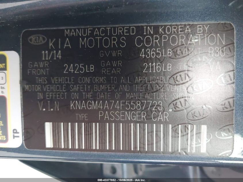 2015 Kia Optima Lx VIN: KNAGM4A74F5587723 Lot: 43377852