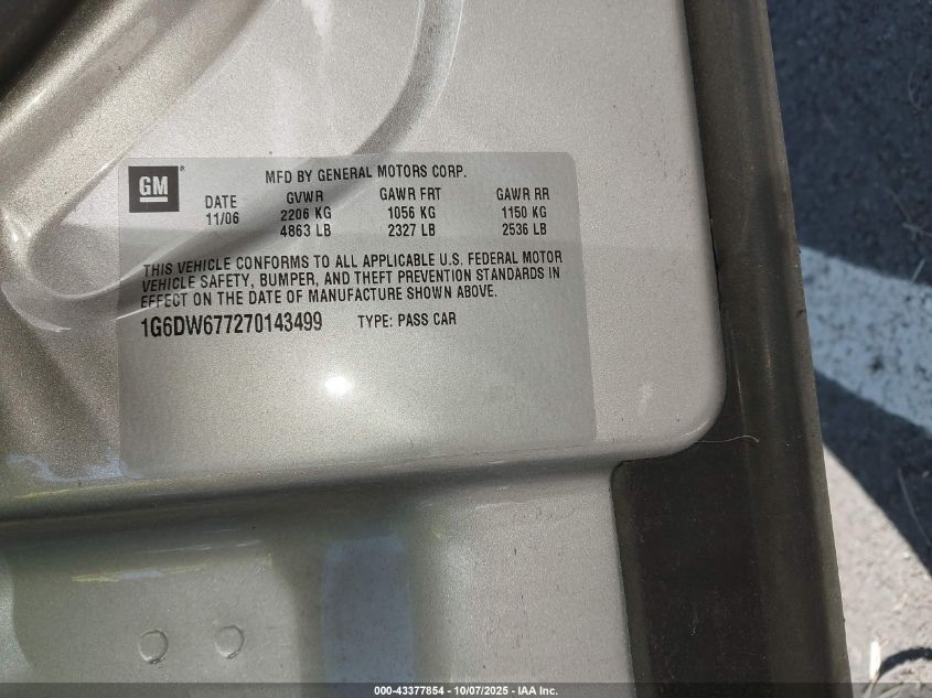 2007 Cadillac Sts V6 VIN: 1G6DW677270143499 Lot: 43377854