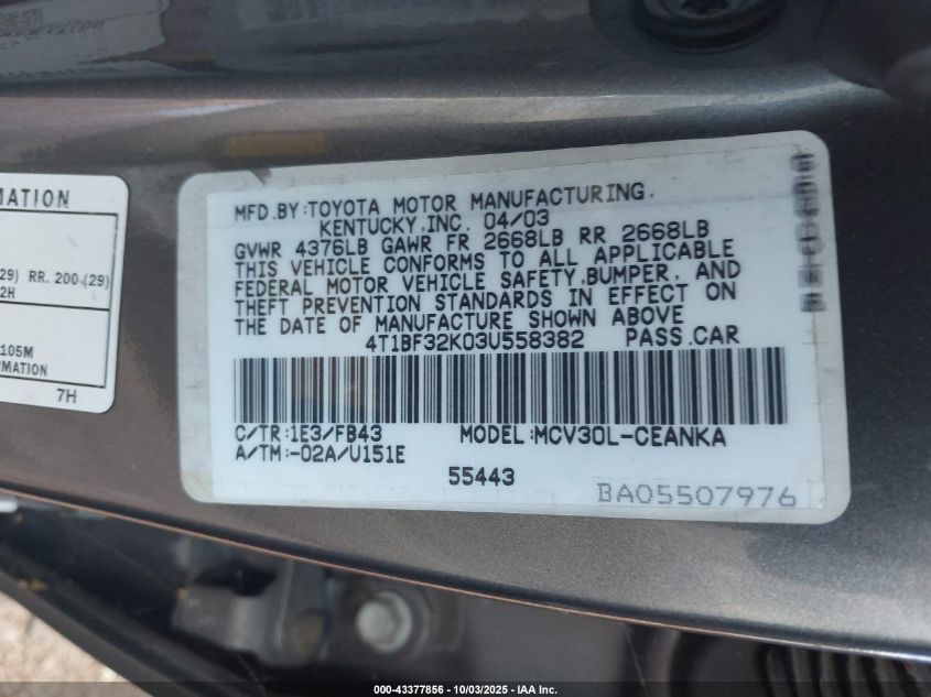 2003 Toyota Camry Le V6 VIN: 4T1BF32K03U558382 Lot: 43377856