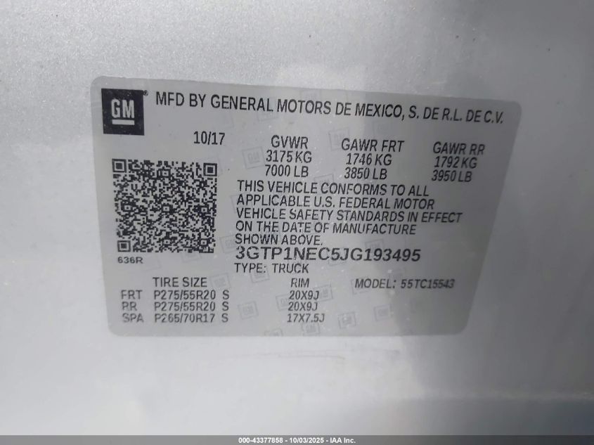 2018 GMC Sierra 1500 Slt VIN: 3GTP1NEC5JG193495 Lot: 43377858