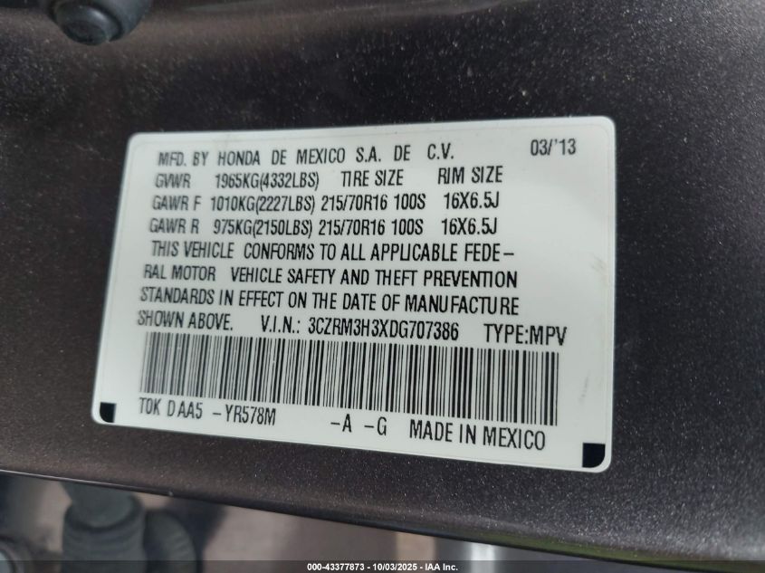 2013 Honda Cr-V Lx VIN: 3CZRM3H3XDG707386 Lot: 43377873
