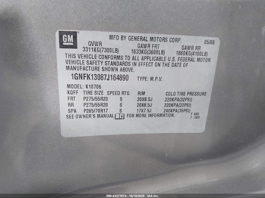 2007 Chevrolet Tahoe Ltz VIN: 1GNFK13087J164890 Lot: 43377874