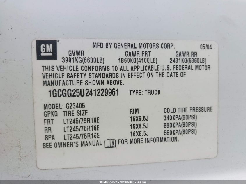 2004 Chevrolet Express VIN: 1GCGG25U241229961 Lot: 43377877