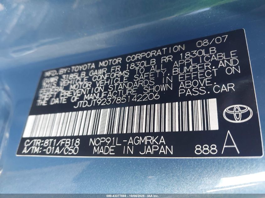 2008 Toyota Yaris VIN: JTDJT923785142206 Lot: 43377888