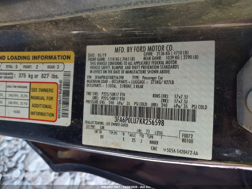 2019 Ford Fusion Se VIN: 3FA6P0LU7KR25659 Lot: 43377887