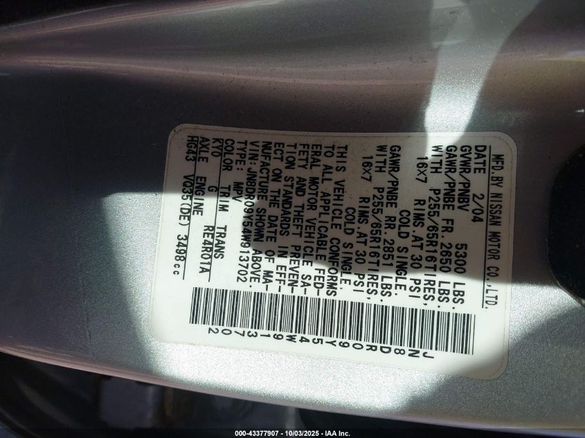 2004 Nissan Pathfinder Se VIN: JN8DR09Y54W913702 Lot: 43377907