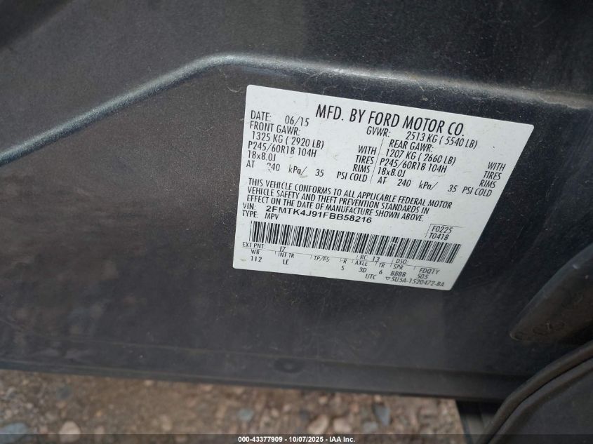 2015 Ford Edge Sel VIN: 2FMTK4J91FBB58216 Lot: 43377909