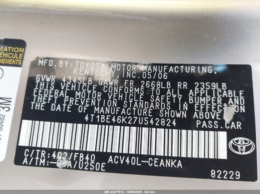 2007 Toyota Camry Ce VIN: 4T1BE46K27U542824 Lot: 43377913