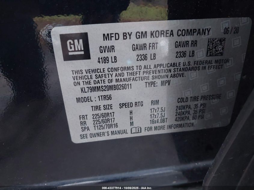 2021 Chevrolet Trailblazer Fwd Ls VIN: KL79MMS20MB026011 Lot: 43377914