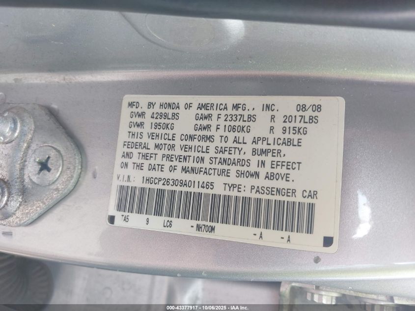 2009 Honda Accord 2.4 Lx VIN: 1HGCP26309A011465 Lot: 43377917