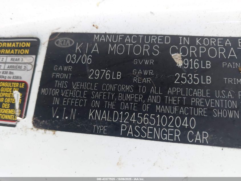 2006 Kia Amanti VIN: KNALD124565102040 Lot: 43377925