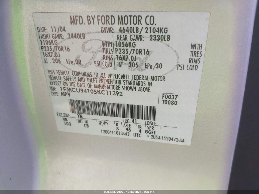 2005 Ford Escape Limited VIN: 1FMCU94105KC11392 Lot: 43377927