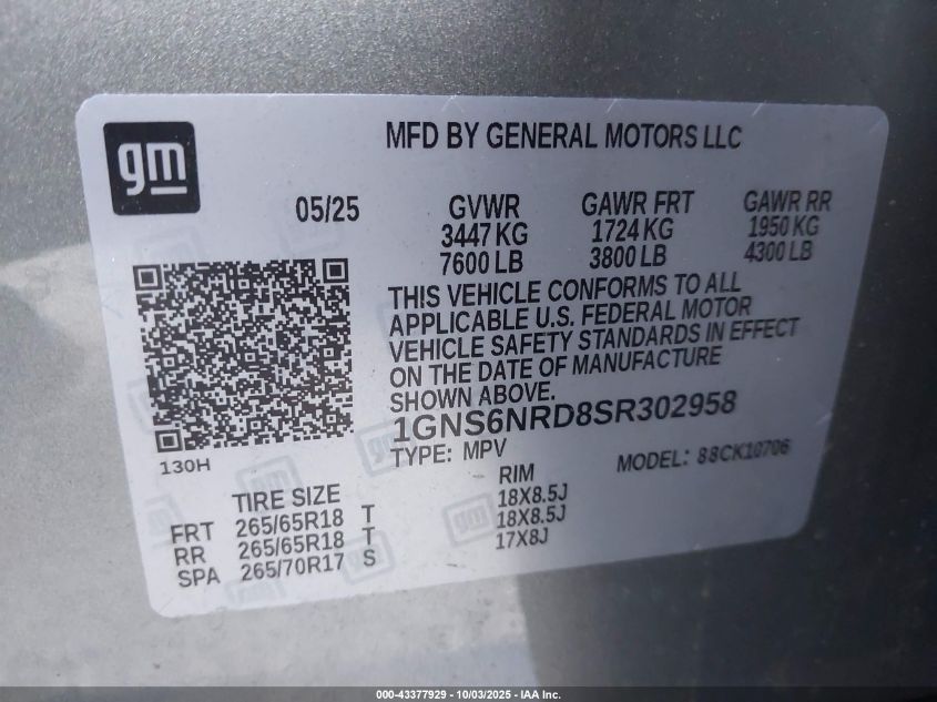 2025 Chevrolet Tahoe 4Wd Lt VIN: 1GNS6NRD8SR302958 Lot: 43377929