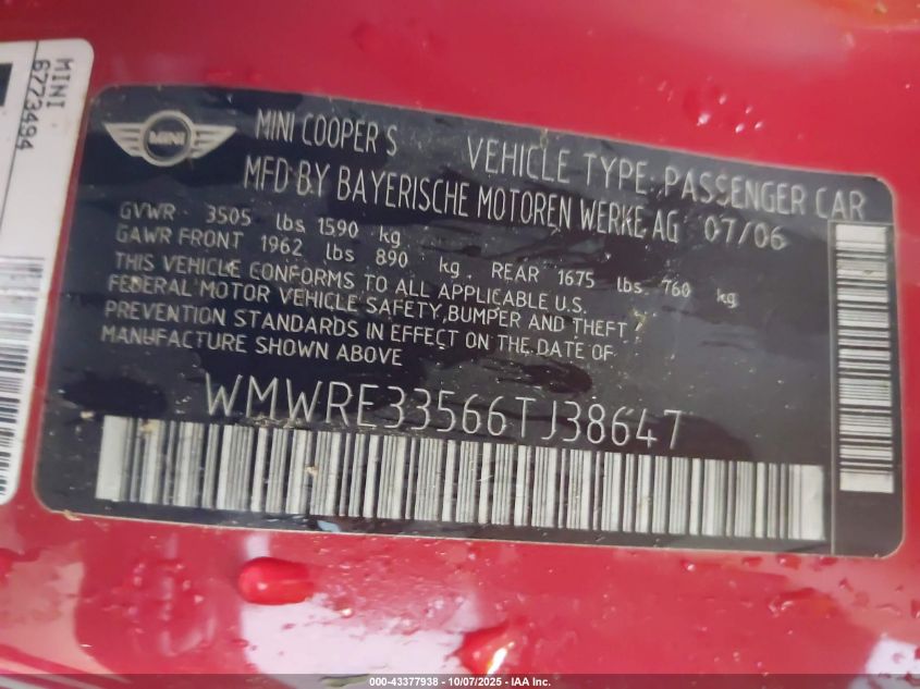 2006 Mini Cooper S VIN: WMWRE33566TJ38647 Lot: 43377938