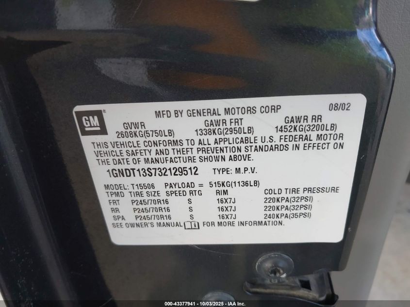 2002 Chevrolet Trailblazer Lt VIN: 1GNDT13S722324590 Lot: 43377941