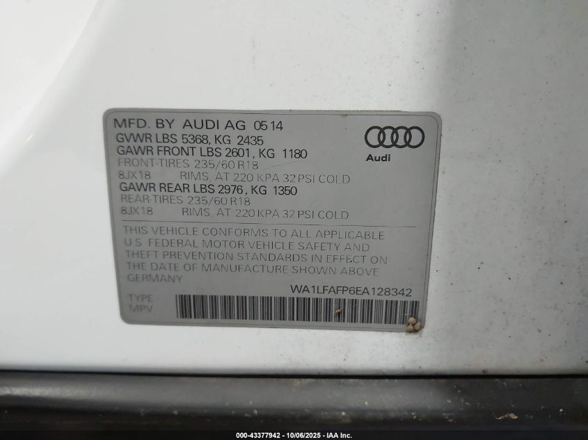 2014 Audi Q5 2.0T Premium VIN: WA1LFAFP6EA128342 Lot: 43377942