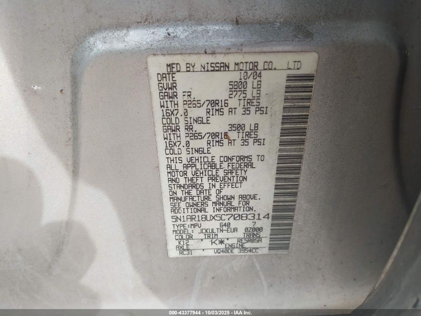 2005 Nissan Pathfinder Se VIN: 5N1AR18UX5C708314 Lot: 43377944