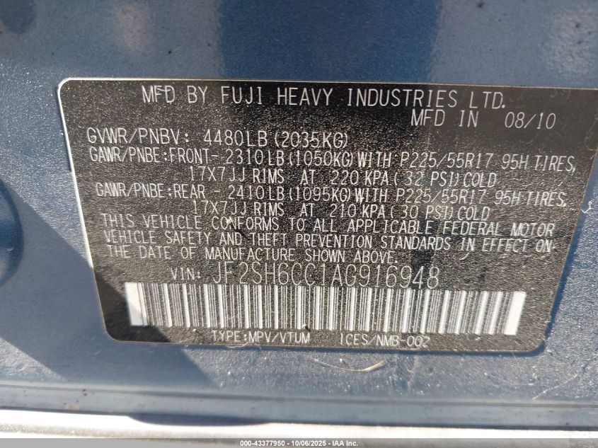 2010 Subaru Forester 2.5X Premium VIN: JF2SH6CC1AG916948 Lot: 43377950