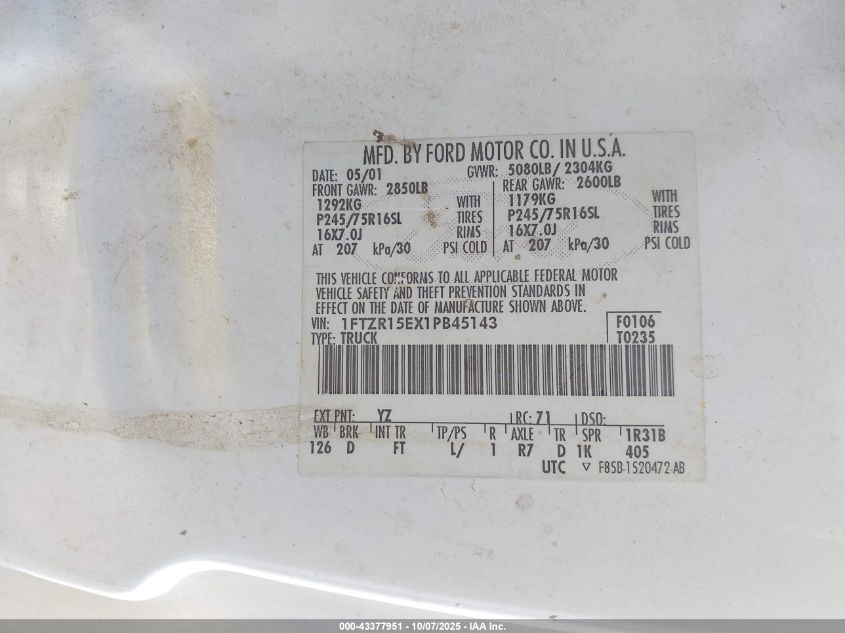 2001 Ford Ranger Edge/Xlt VIN: 1FTZR15EX1PB45143 Lot: 43377951