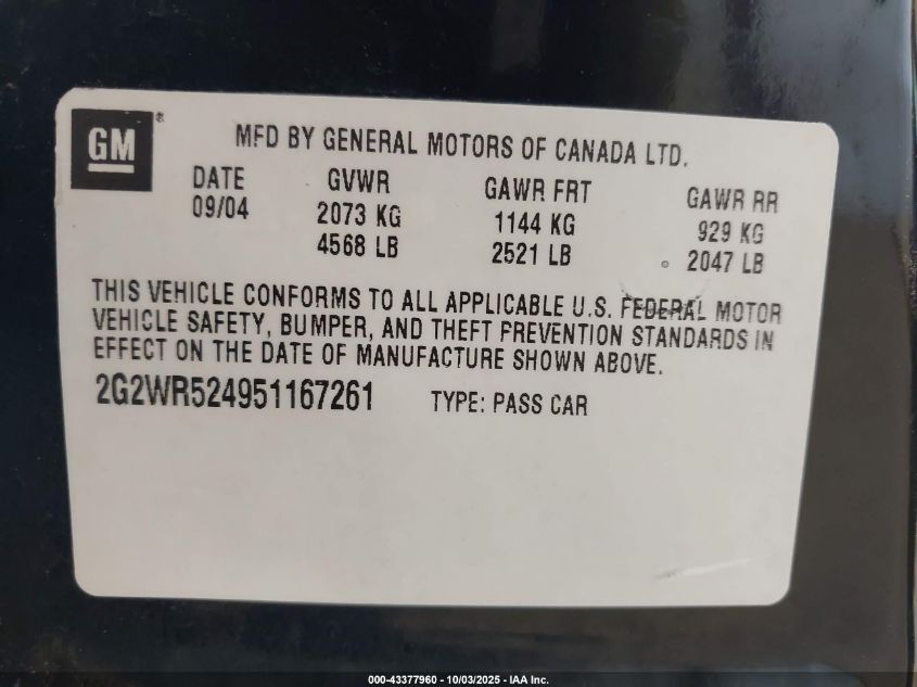 2005 Pontiac Grand Prix Gtp VIN: 2G2WR524951167261 Lot: 43377960