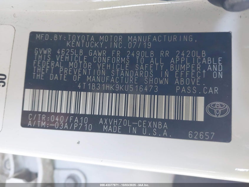 2019 TOYOTA CAMRY HYBRID LE - 4T1B31HK9KU516473