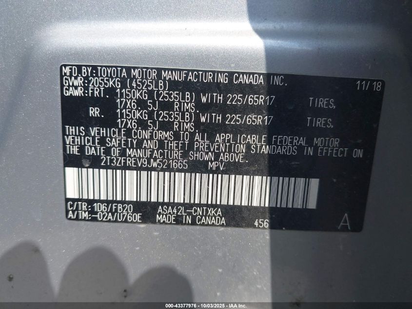 2018 Toyota Rav4 Le VIN: 2T3ZFREV9JW521665 Lot: 43377976