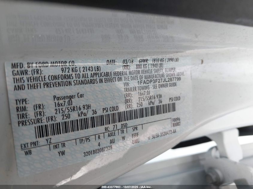 2018 Ford Focus Se VIN: 1FADP3F27JL287799 Lot: 43377983