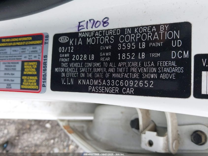 2012 Kia Rio5 Lx VIN: KNADM5A33C6092652 Lot: 43377988