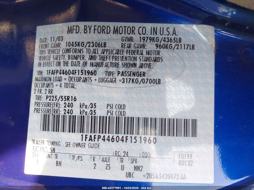 2004 Ford Mustang VIN: 1FAFP44604F151960 Lot: 43377991