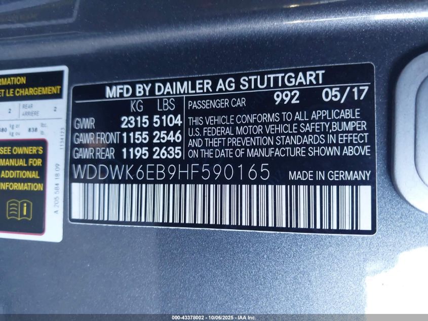 2017 Mercedes-Benz Amg C 43 4Matic VIN: WDDWK6EB9HF590165 Lot: 43378002