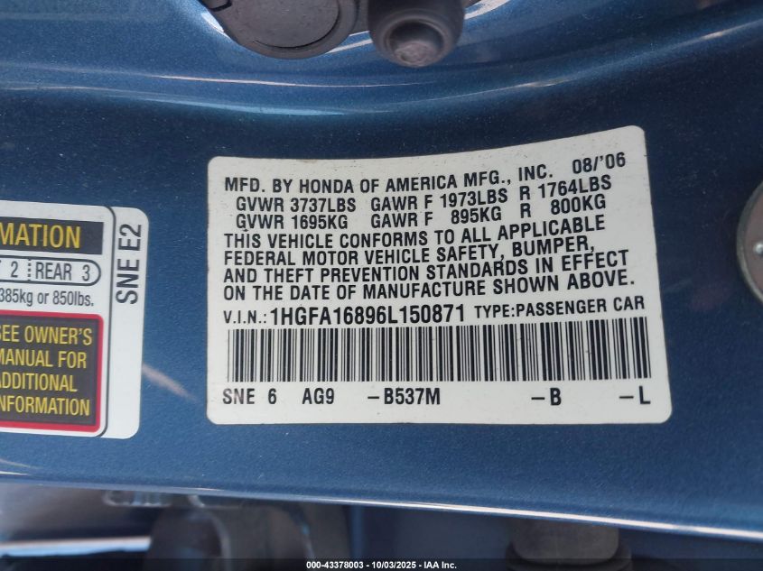2006 Honda Civic Ex VIN: 1HGFA16896L150871 Lot: 43378003