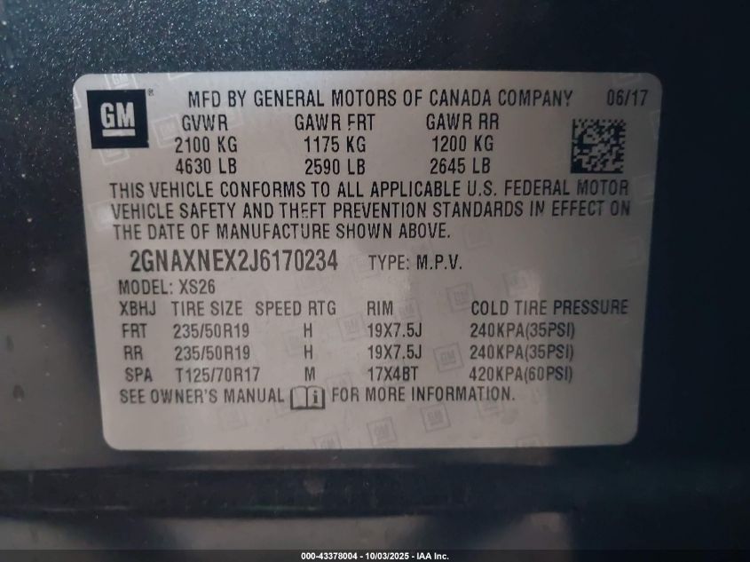 2018 Chevrolet Equinox Premier VIN: 2GNAXNEX2J6170234 Lot: 43378004