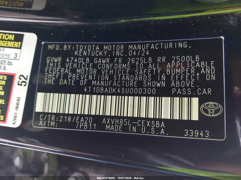 2025 Toyota Camry Se VIN: 4T1DBADK4SU000300 Lot: 43378008