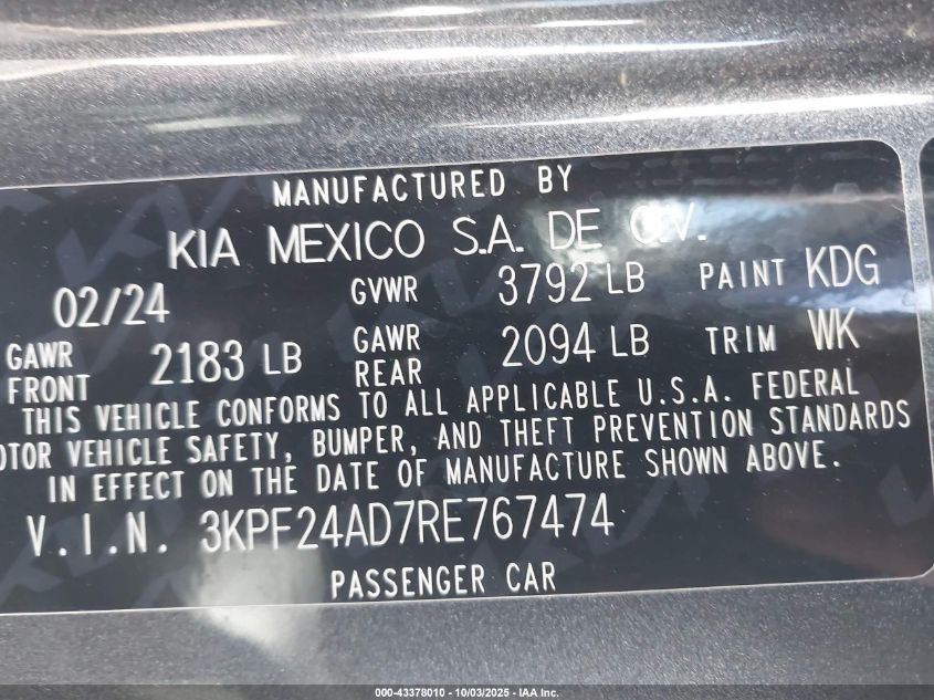 2024 Kia Forte Lxs VIN: 3KPF24AD7RE767474 Lot: 43378010