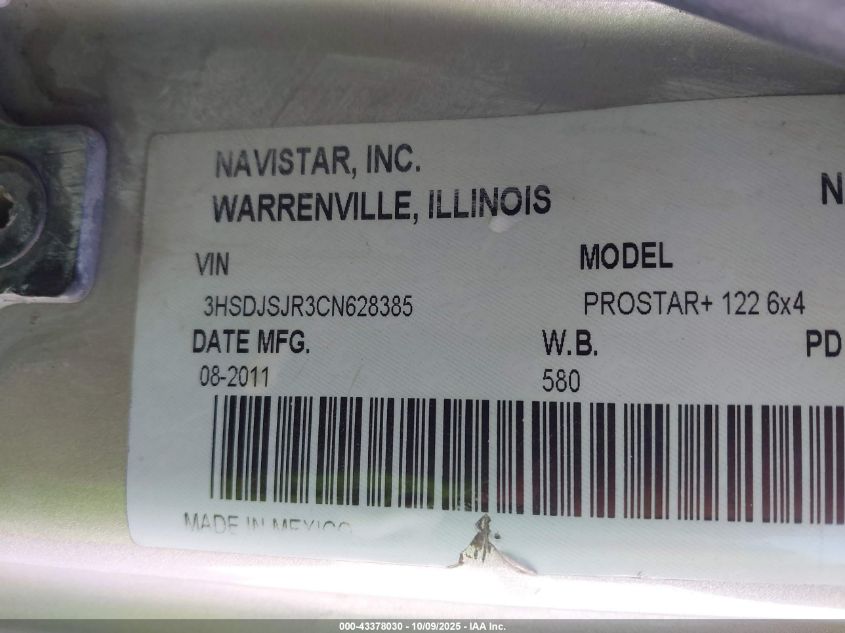 2012 International Prostar VIN: 3HSDJSJR3CN628385 Lot: 43378030