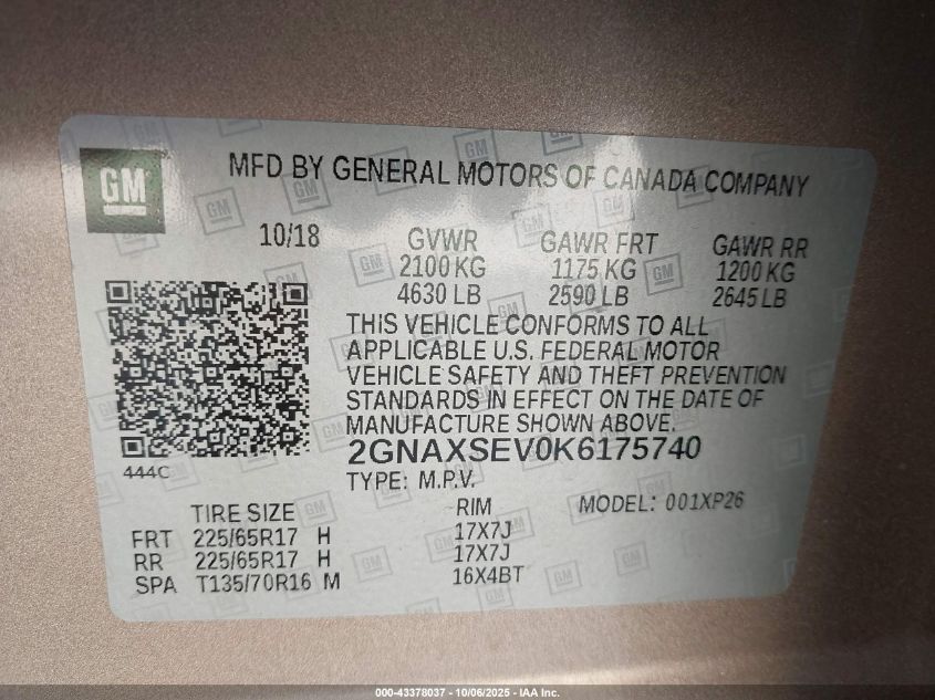 2019 Chevrolet Equinox Ls VIN: 2GNAXSEV0K6175740 Lot: 43378037